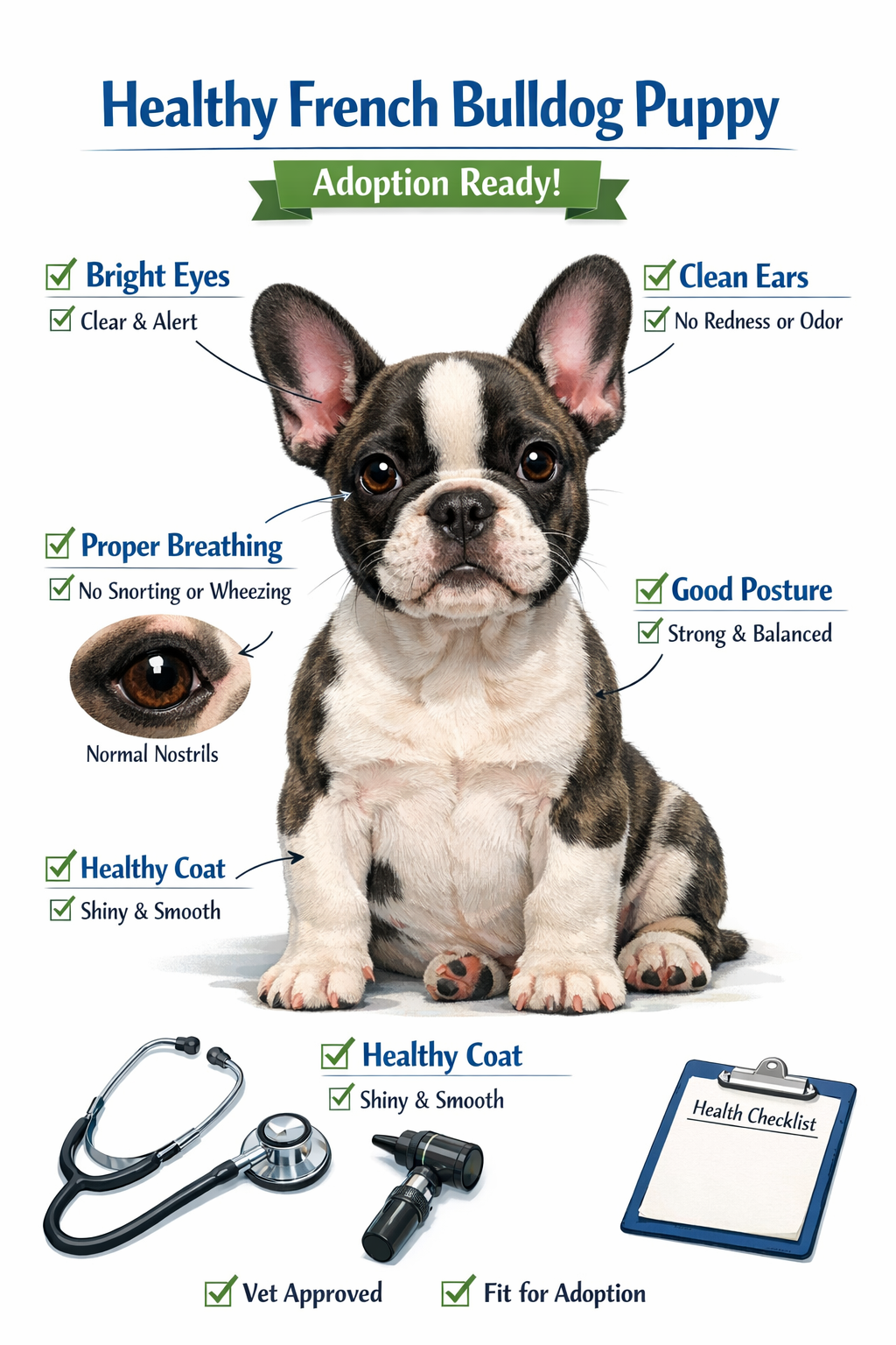 Portrait format (1024x1536) illustrated guide showing healthy French Bulldog puppy characteristics with anatomical callouts - bright eyes, c