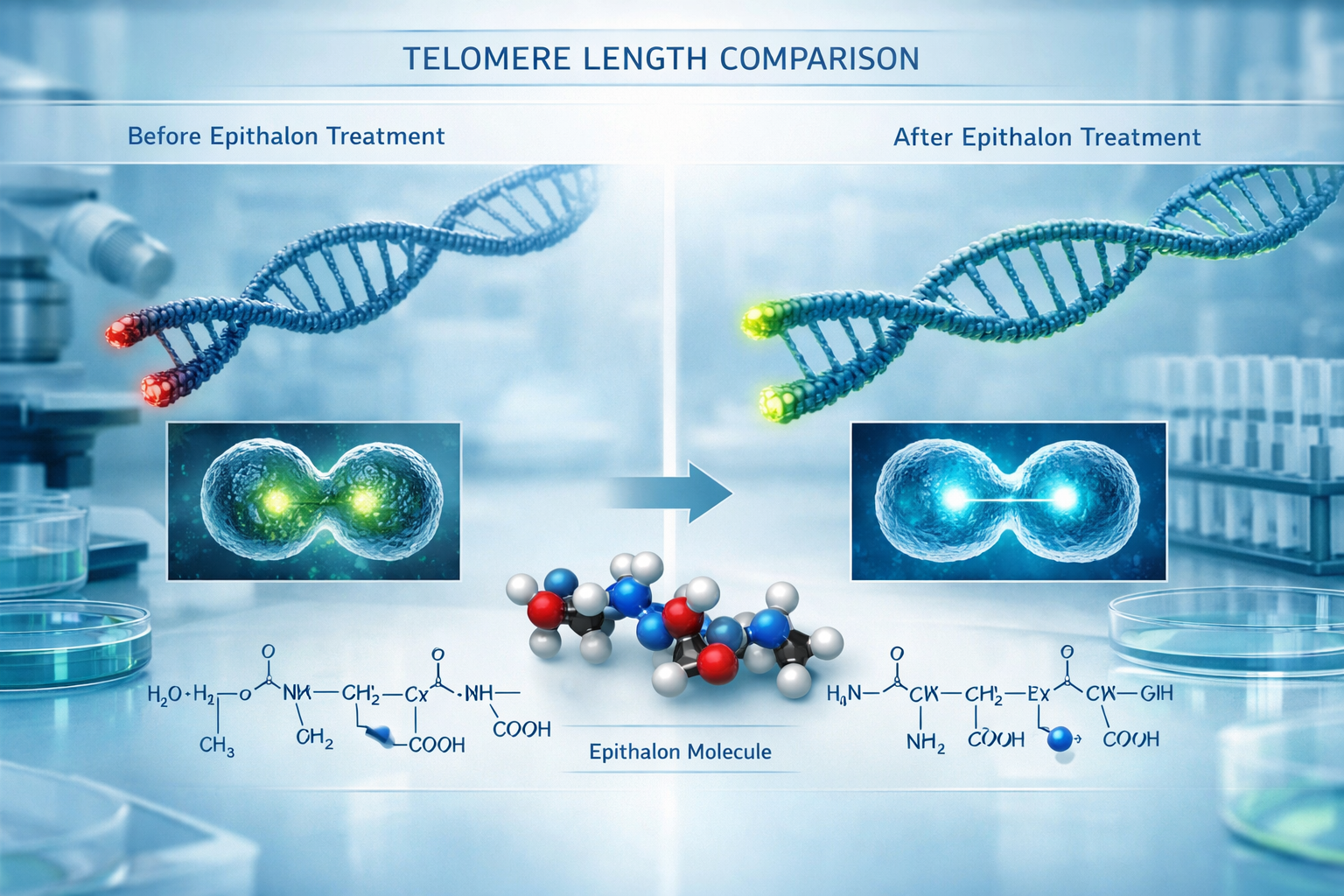 Detailed landscape format (1536x1024) scientific illustration showing cellular telomeres before and after epithalon treatment, with DNA stra