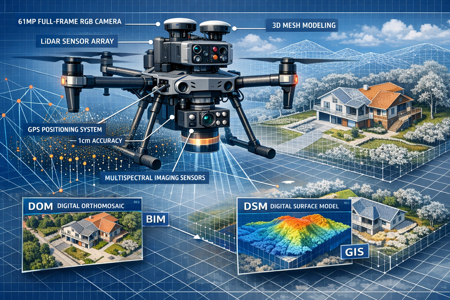 Landscape format (1536x1024) detailed illustration showing advanced drone surveying techniques in action. Main visual: cutaway technical dia