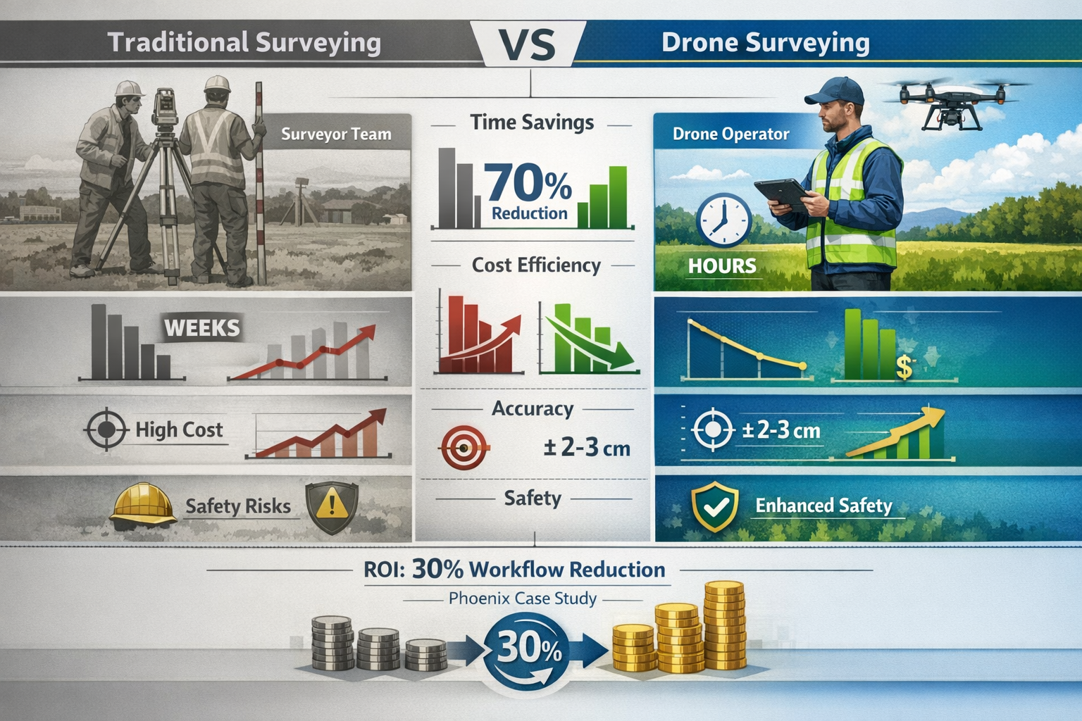 Landscape format (1536x1024) comprehensive benefits comparison infographic showing traditional surveying methods versus drone applications. 