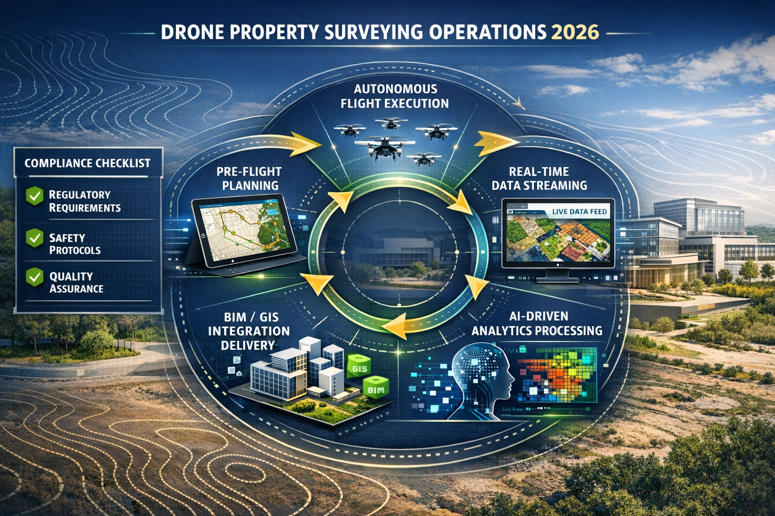 Landscape format (1536x1024) futuristic best practices workflow diagram for 2026 drone property surveying operations. Central circular workf