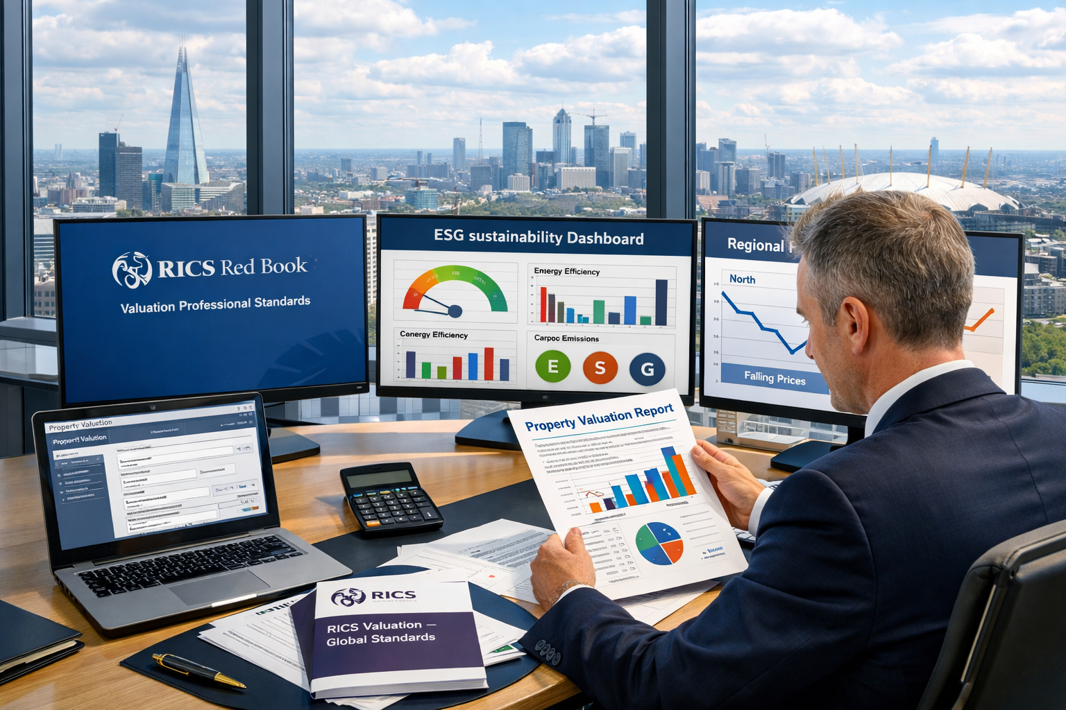 Detailed () image showing professional surveyor examining detailed property valuation report in modern London office with