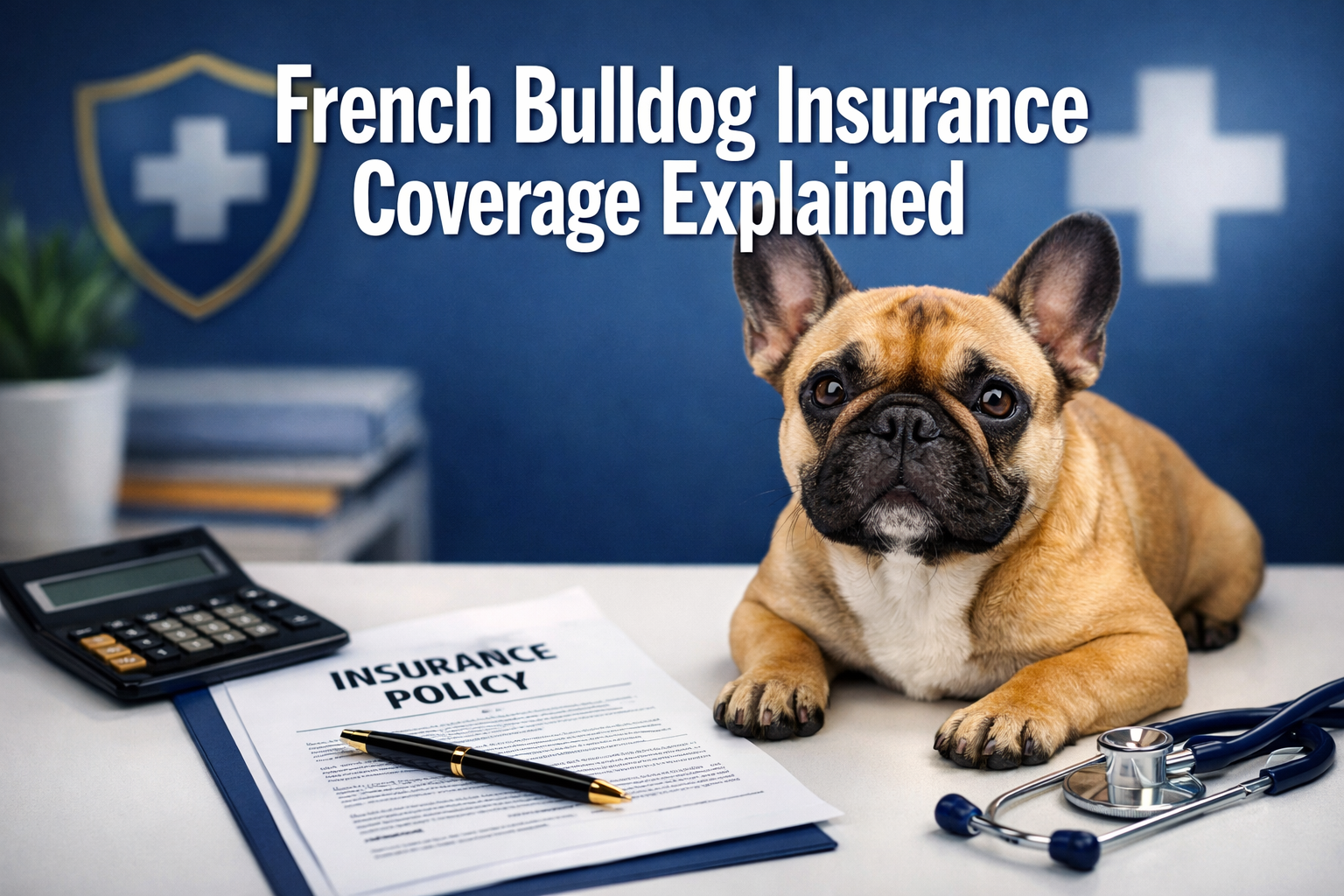Professional landscape format (1536x1024) hero image featuring bold text overlay 'French Bulldog Insurance Coverage Explained' in extra larg