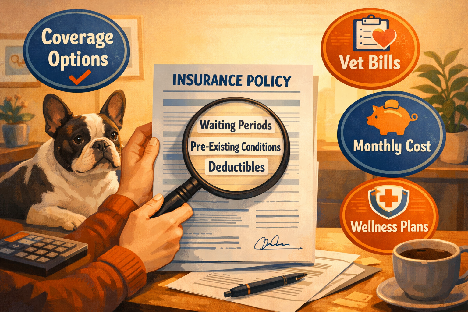 Landscape format (1536x1024) illustration showing French Bulldog owner reviewing insurance policy documents with magnifying glass highlighti