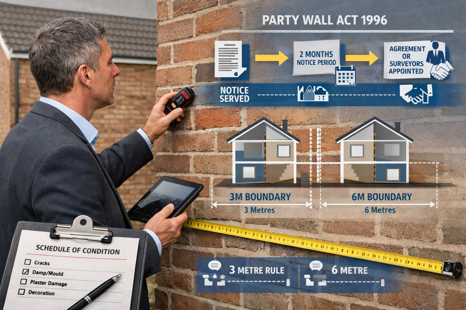 () editorial image showing professional party wall surveyor conducting detailed inspection of shared wall between two UK