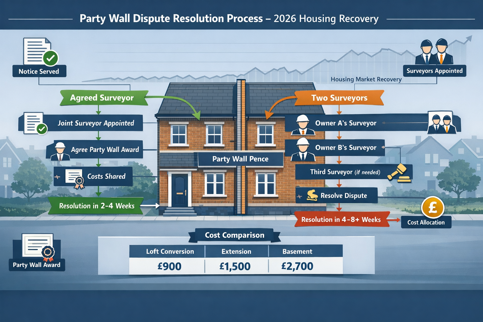() detailed infographic-style image depicting party wall dispute resolution process flowchart for 2026 housing recovery