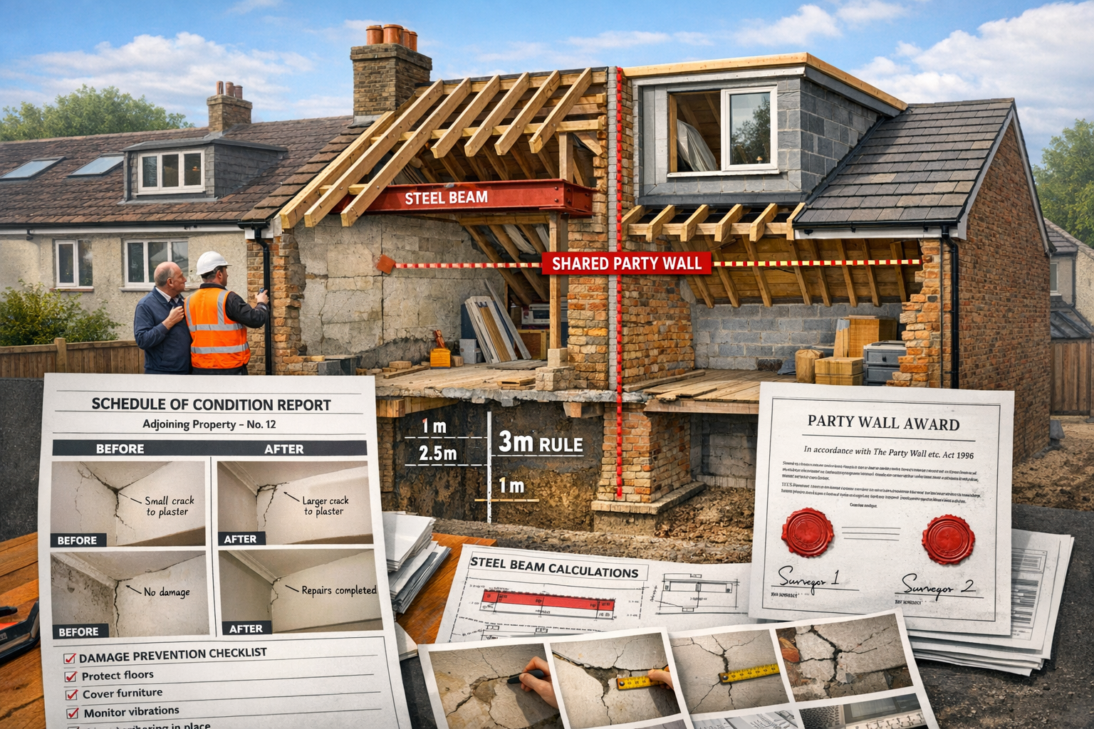 () comprehensive visual showing modern UK loft conversion project in progress with party wall surveying documentation . Main