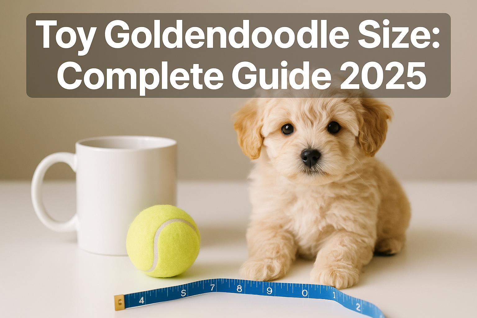 Professional landscape hero image (1536x1024) featuring bold text overlay 'Toy Goldendoodle Size: Complete Guide 2025' in extra large 72pt w