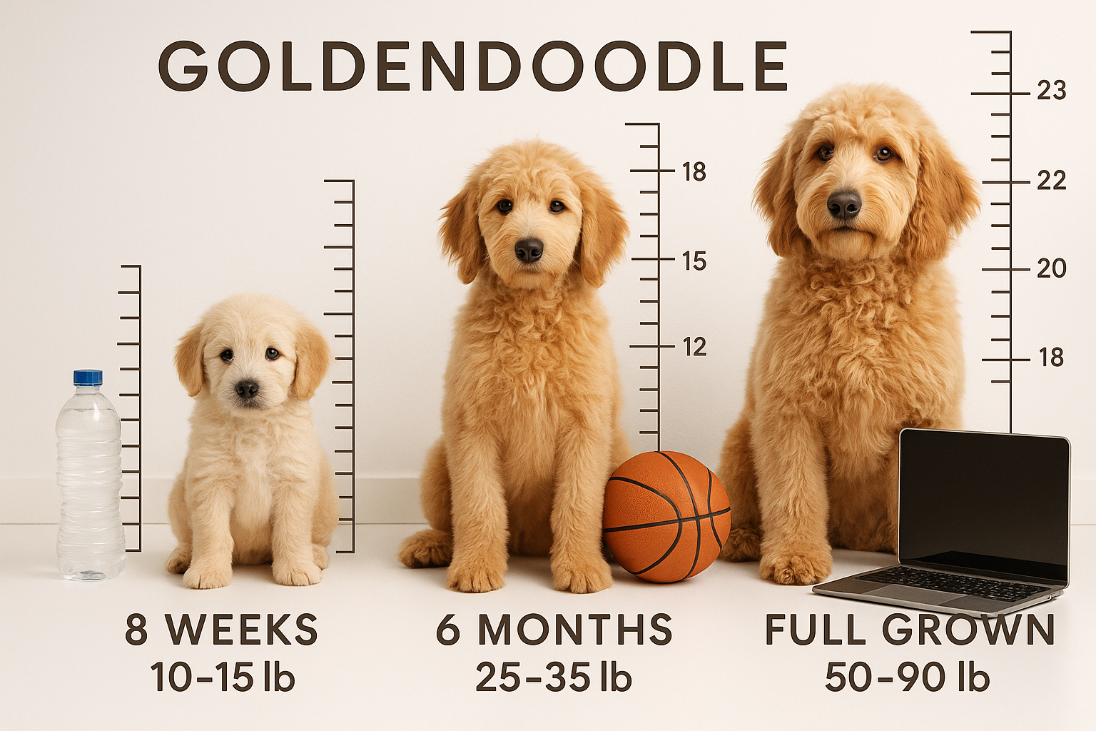 Detailed infographic-style image showing three toy goldendoodle puppies at different life stages (8 weeks, 6 months, full grown) arranged le