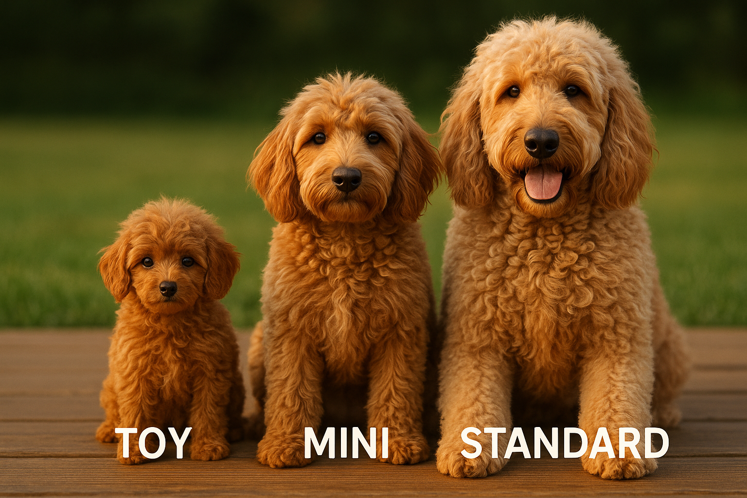Close-up comparison photograph showing toy goldendoodle next to mini goldendoodle and standard goldendoodle, all three dogs sitting in a row