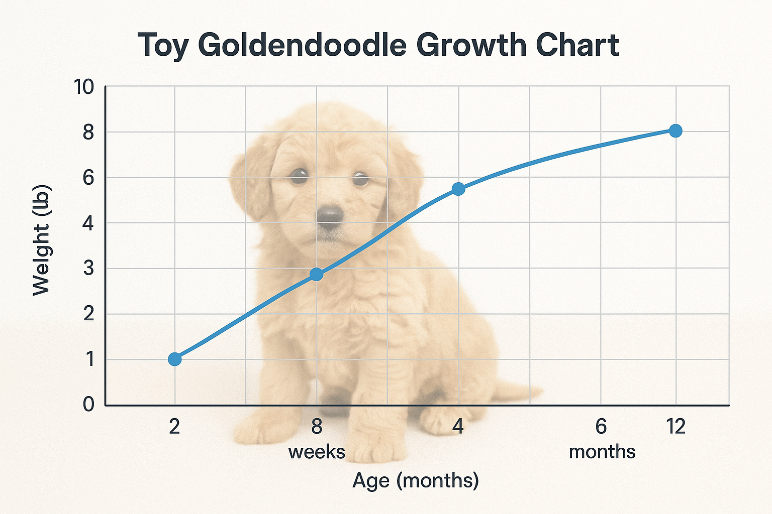 Professional veterinary-style chart showing toy goldendoodle growth curve from birth to 12 months. Graph features clean grid lines, data poi