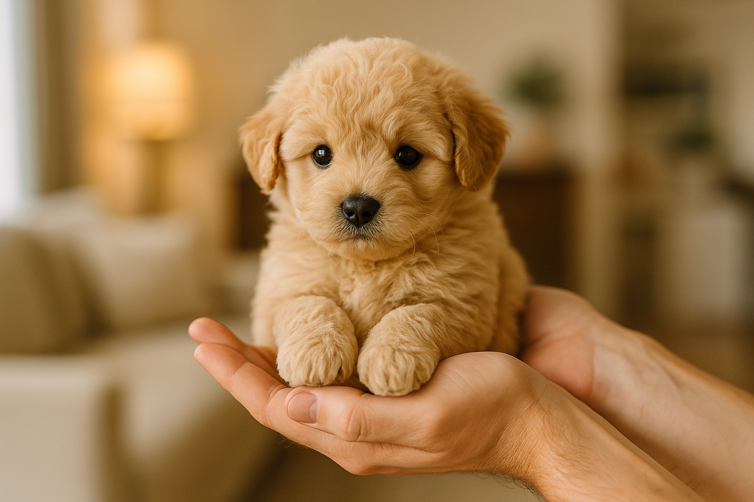 Lifestyle photograph showing toy goldendoodle puppy being held in adult hands demonstrating tiny size, puppy fits comfortably in two cupped