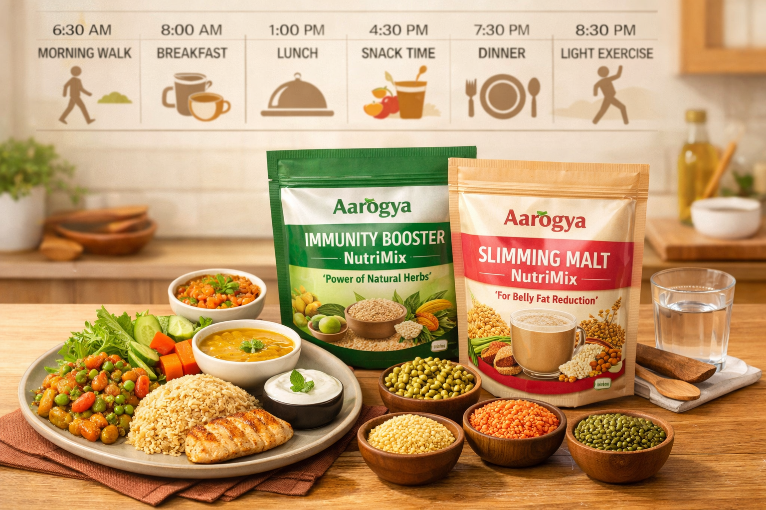 A visually engaging landscape format (1536x1024) image illustrating a diverse, balanced meal plan with traditional Indian ingredients like m