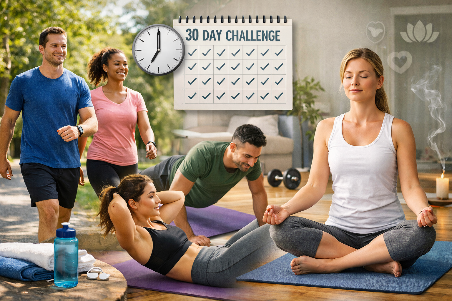 A dynamic landscape format (1536x1024) image depicting various forms of gentle physical activity such as brisk walking in a park, simple hom