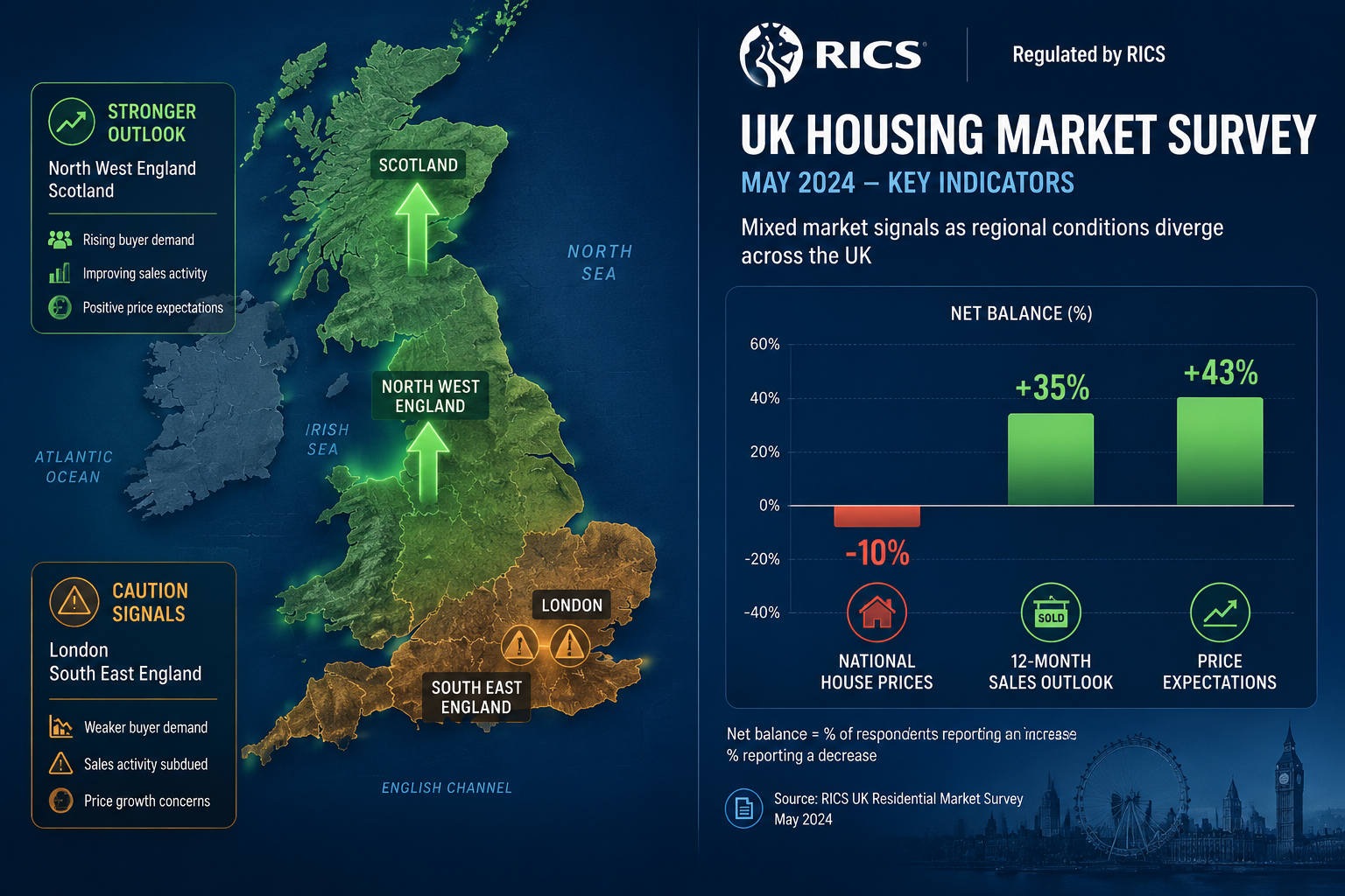 Wide-angle editorial illustration () showing a split UK map with contrasting regional housing market indicators — glowing