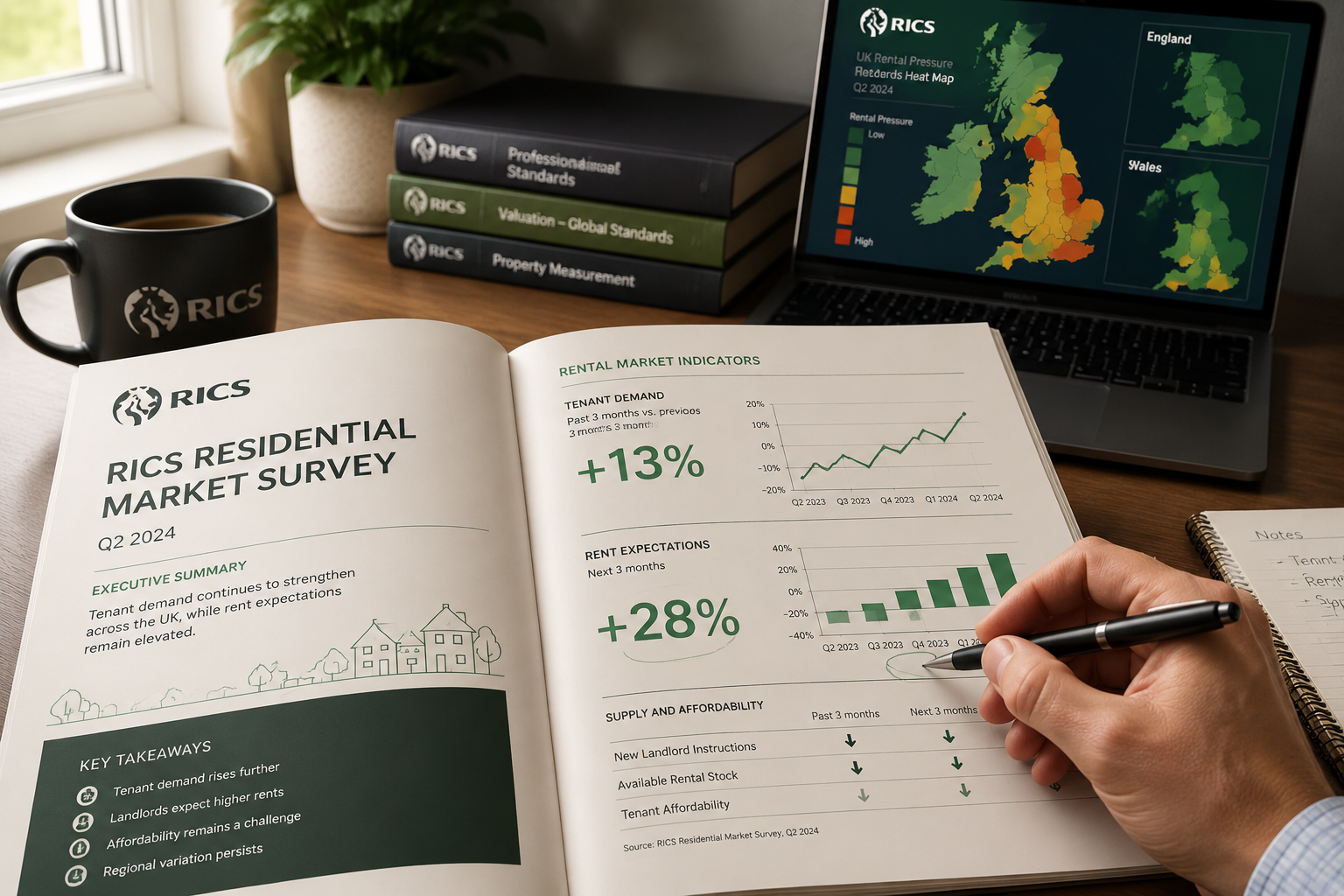 Close-up editorial image () of a professional surveyor's desk with a detailed RICS residential market survey report open