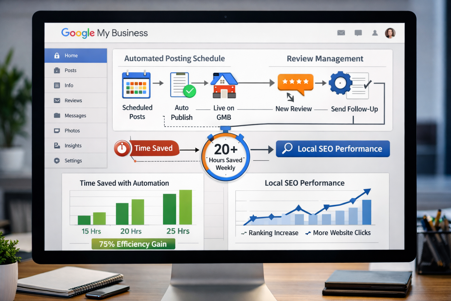 Detailed landscape format (1536x1024) image showing Google My Business dashboard interface on computer screen with automation workflow diagr - Google My Business Automatisierung 2 Detailed landscape format (1536x1024) image showing Google My Business dashboard interface on computer screen with automation workflow diagr