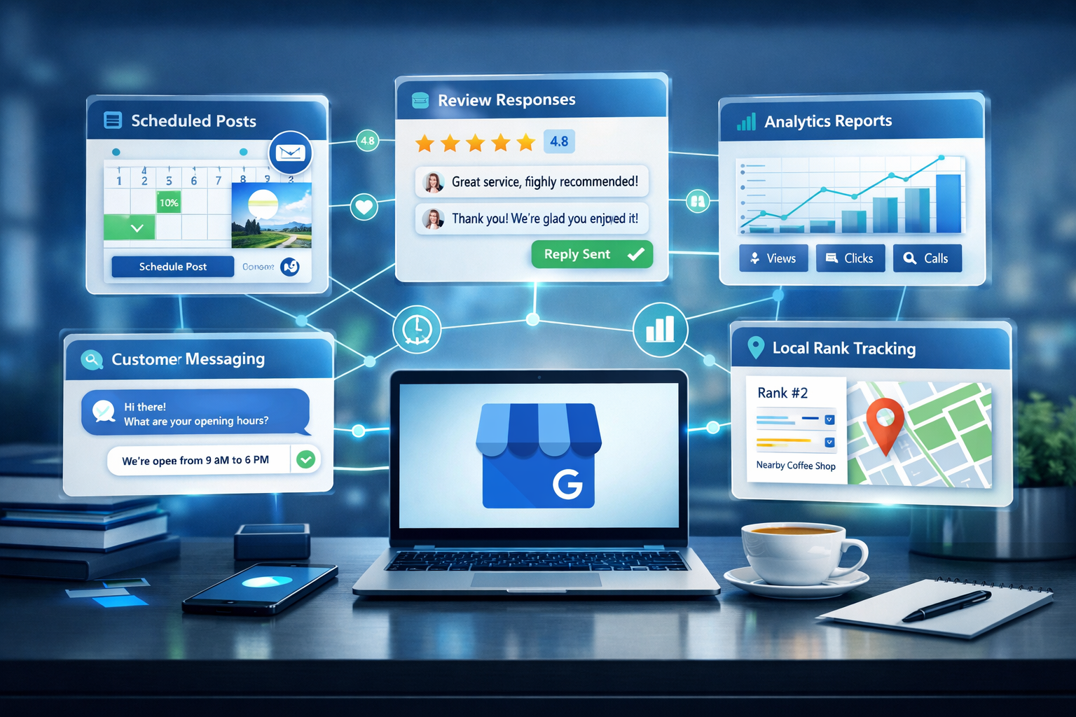 Professional landscape format (1536x1024) visualization of various Google My Business automation tools and platforms displayed as interconne - Google My Business Automatisierung 3 Professional landscape format (1536x1024) visualization of various Google My Business automation tools and platforms displayed as interconne