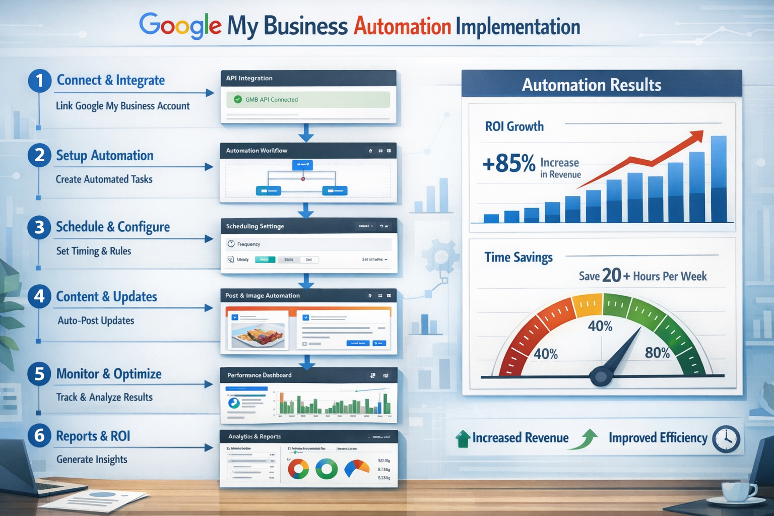 Detailed landscape format (1536x1024) infographic-style image showing step-by-step Google My Business automation implementation process. Vis - Google My Business Automatisierung 24 Detailed landscape format (1536x1024) infographic-style image showing step-by-step Google My Business automation implementation process. Vis