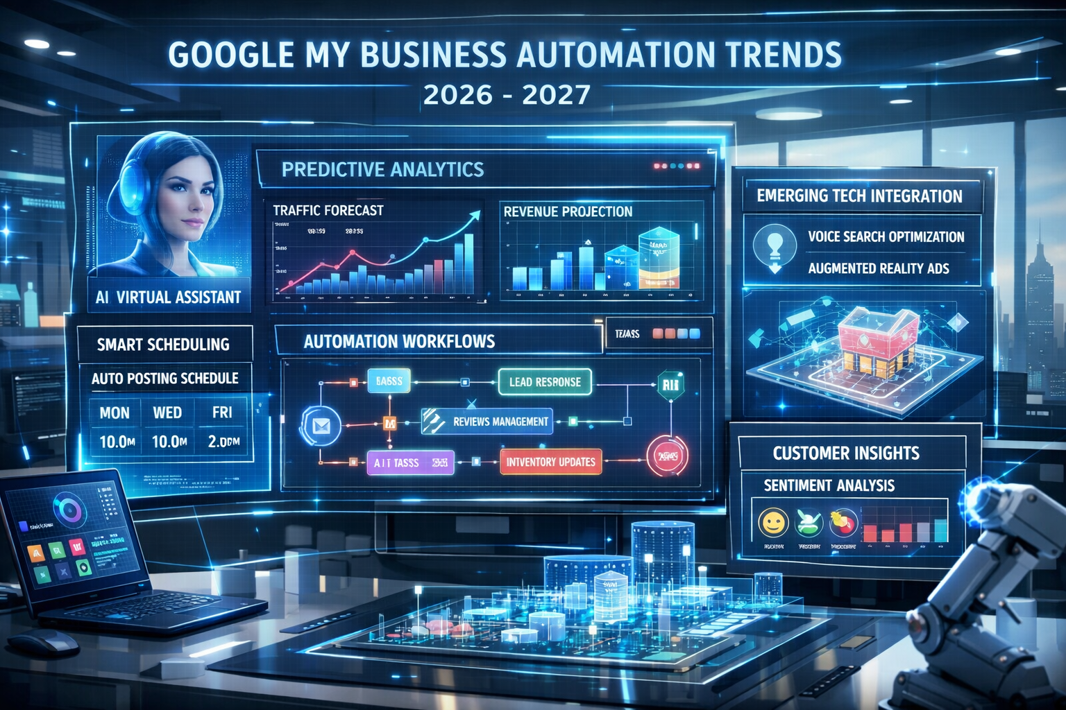 Professional landscape format (1536x1024) image depicting future trends in Google My Business automation for 2026-2027. Futuristic dashboard - Google My Business Automatisierung 25 Professional landscape format (1536x1024) image depicting future trends in Google My Business automation for 2026-2027. Futuristic dashboard