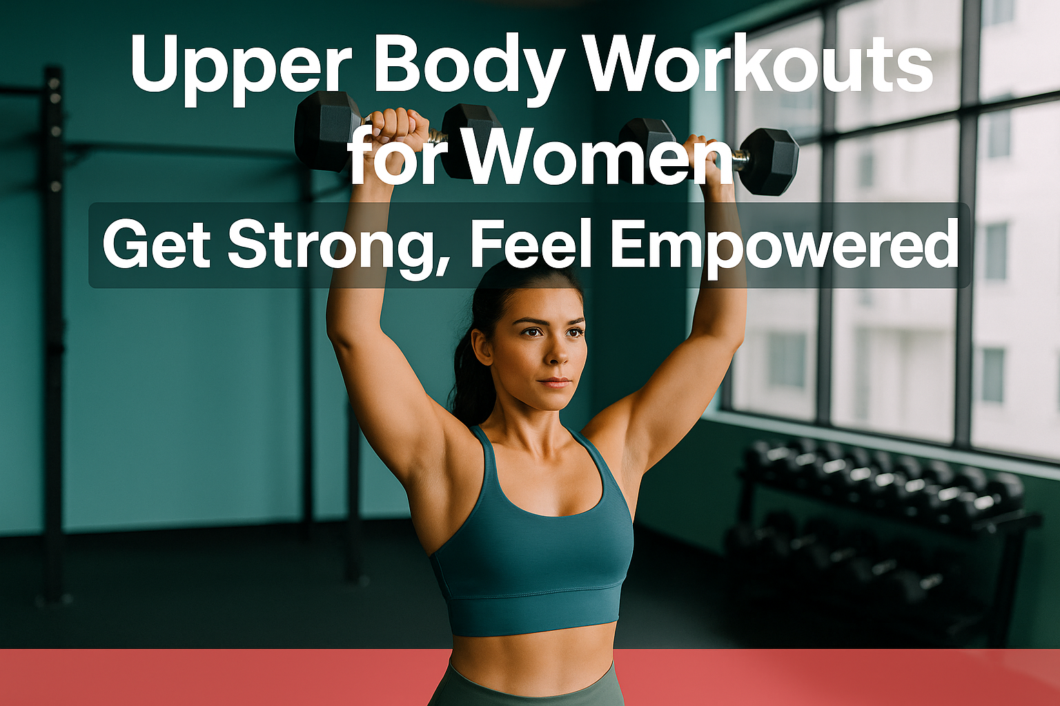 A woman in athletic wear lifts two dumbbells overhead in a gym, with text highlighting effective Upper Body Workouts for Women.