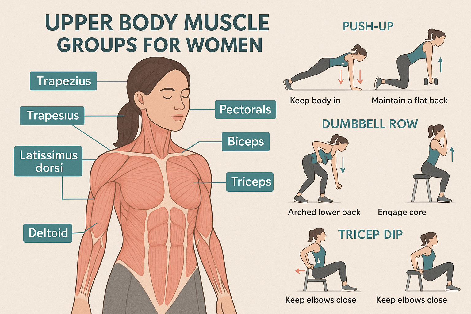Diagram of upper body muscle groups in women, labeling muscles and showing illustrations of Upper Body Workouts for Women like push-up, dumbbell row, and tricep dip exercises with brief form tips.