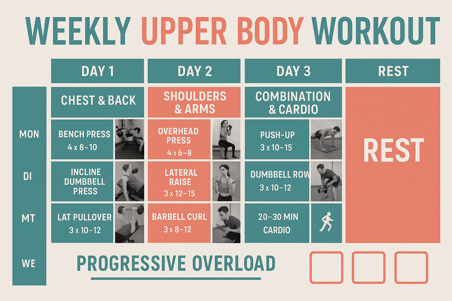 A weekly Upper Body Workouts for Women chart features exercises for chest, back, shoulders, arms, and cardio, divided across four days with a designated rest day for balanced strength and recovery.