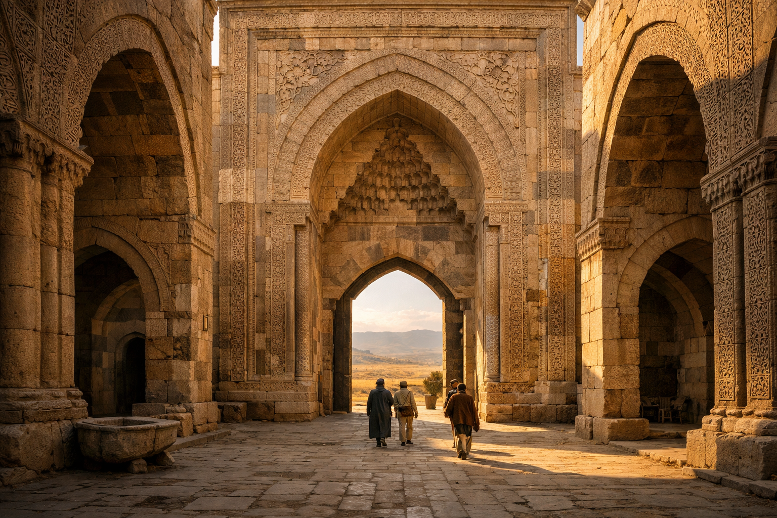 Detailed () showing the interior courtyard of Sultanhanı Caravanserai near Aksaray Turkey, with ornate Seljuk stone archways