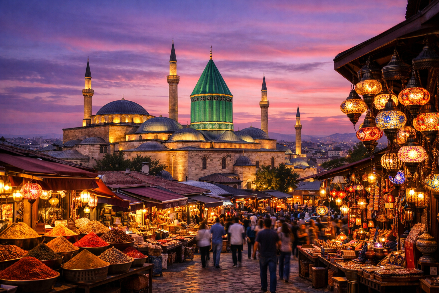Detailed () showing a panoramic view of Konya Turkey skyline at dusk with the distinctive green-tiled dome of the Mevlana