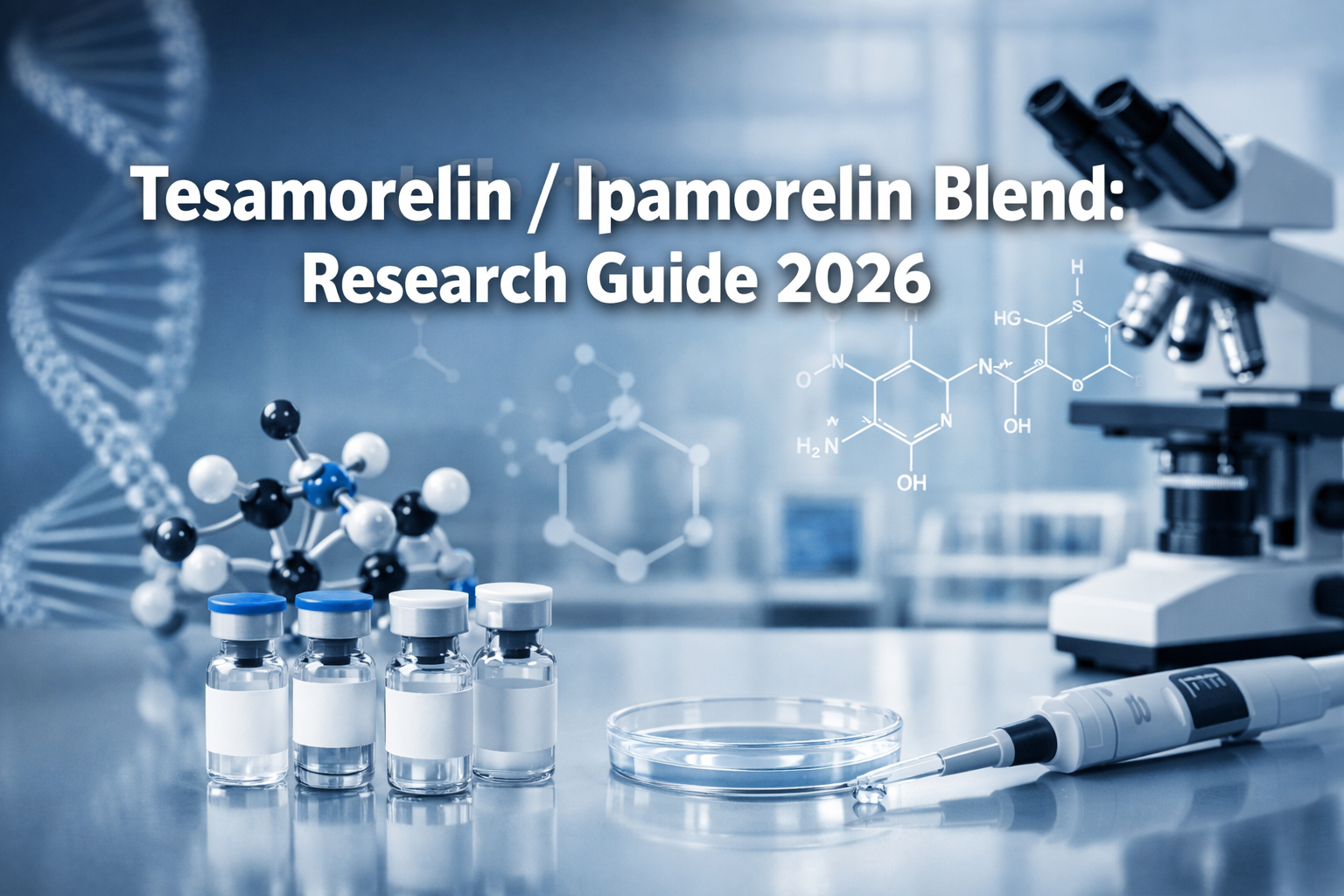 Professional landscape hero image (1536x1024) featuring bold text overlay 'Tesamorelin / Ipamorelin Blend: Research Guide 2026' in extra lar