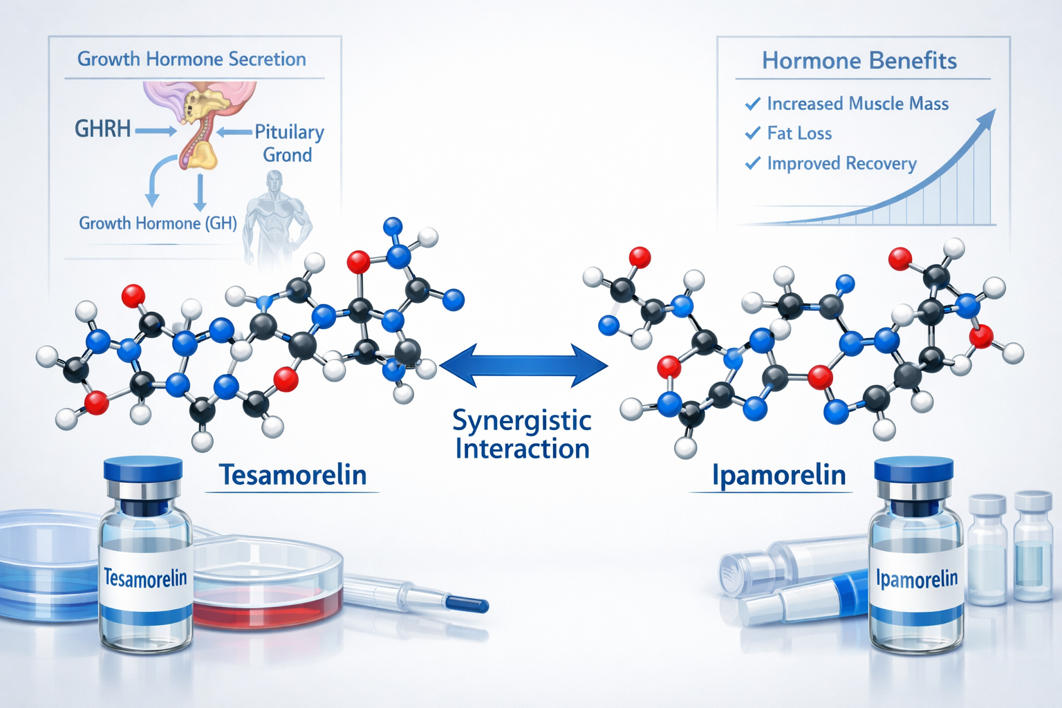 Scientific laboratory scene showing two distinct peptide molecular structures side by side - tesa and ipamorelin - with connecting ar