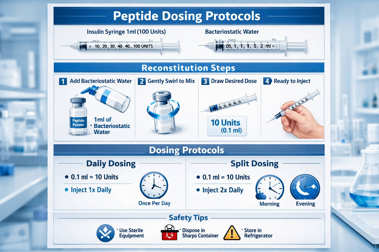 Detailed infographic showing peptide dosing protocols with measurement syringes, reconstitution vials, and step-by-step visual guide. Clean
