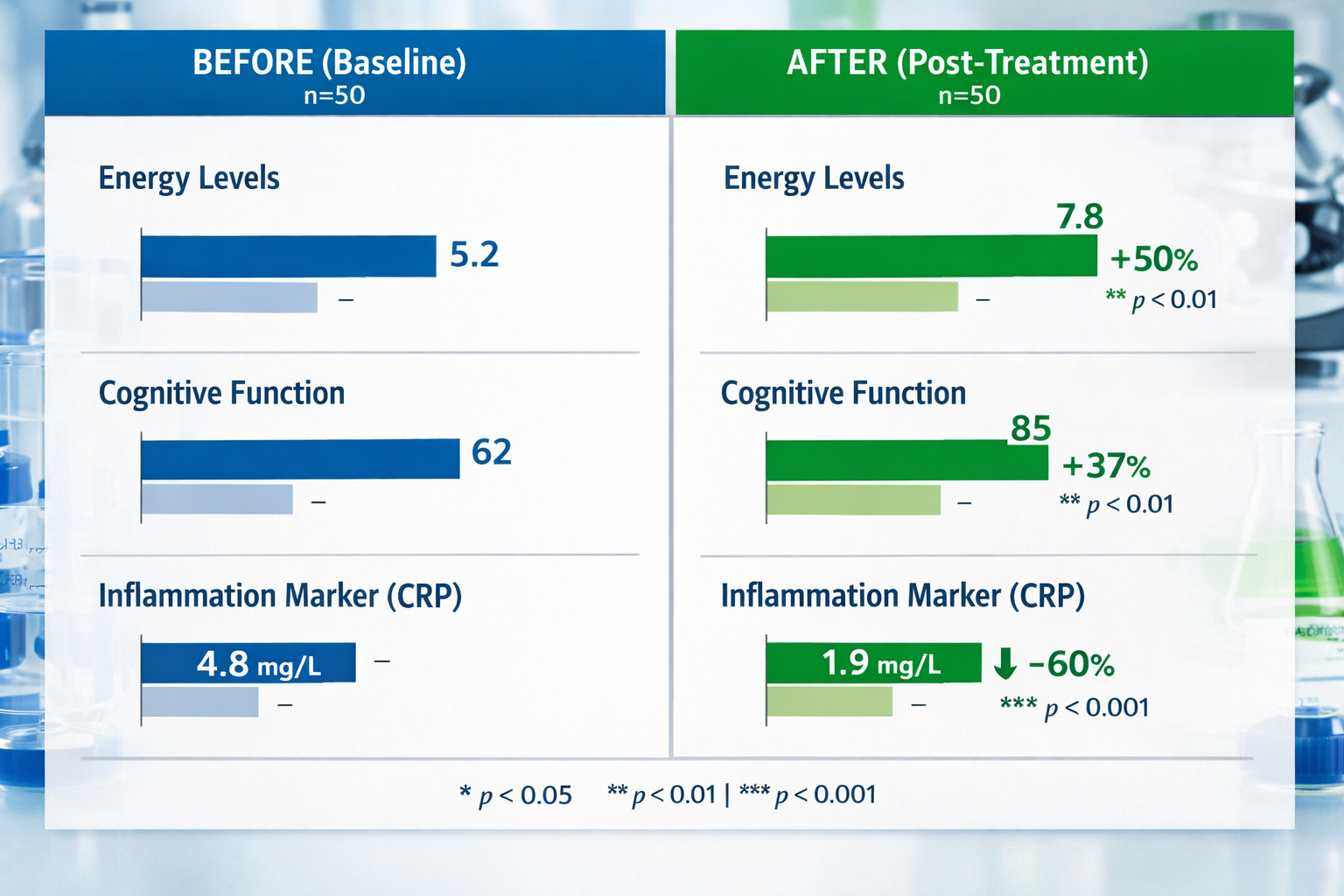 Split-screen comparison chart showing before/after research data with bar graphs, percentage improvements, and scientific metrics. Left side