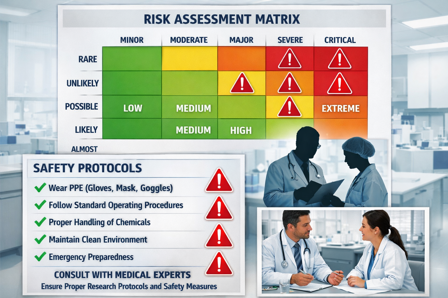 Risk assessment matrix with warning symbols, safety protocols checklist, and professional medical consultation imagery. Red warning triangle