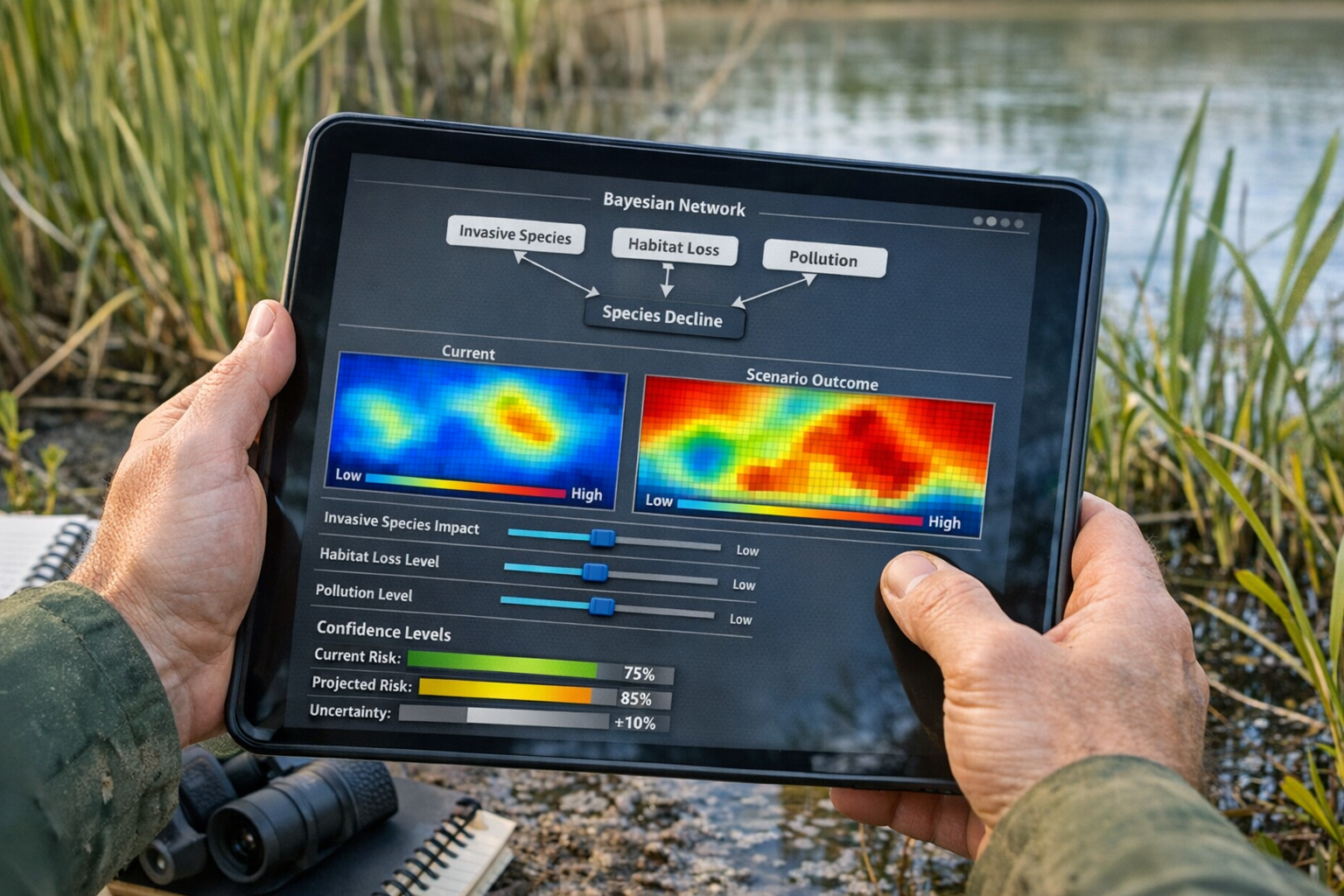 Detailed () image showing close-up of biodiversity surveyor's hands holding tablet displaying interactive Bayesian network