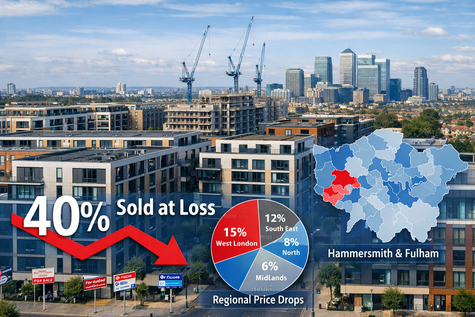 Wide-angle () image displaying aerial view of modern London new-build flat development with mixed occupancy. Drone