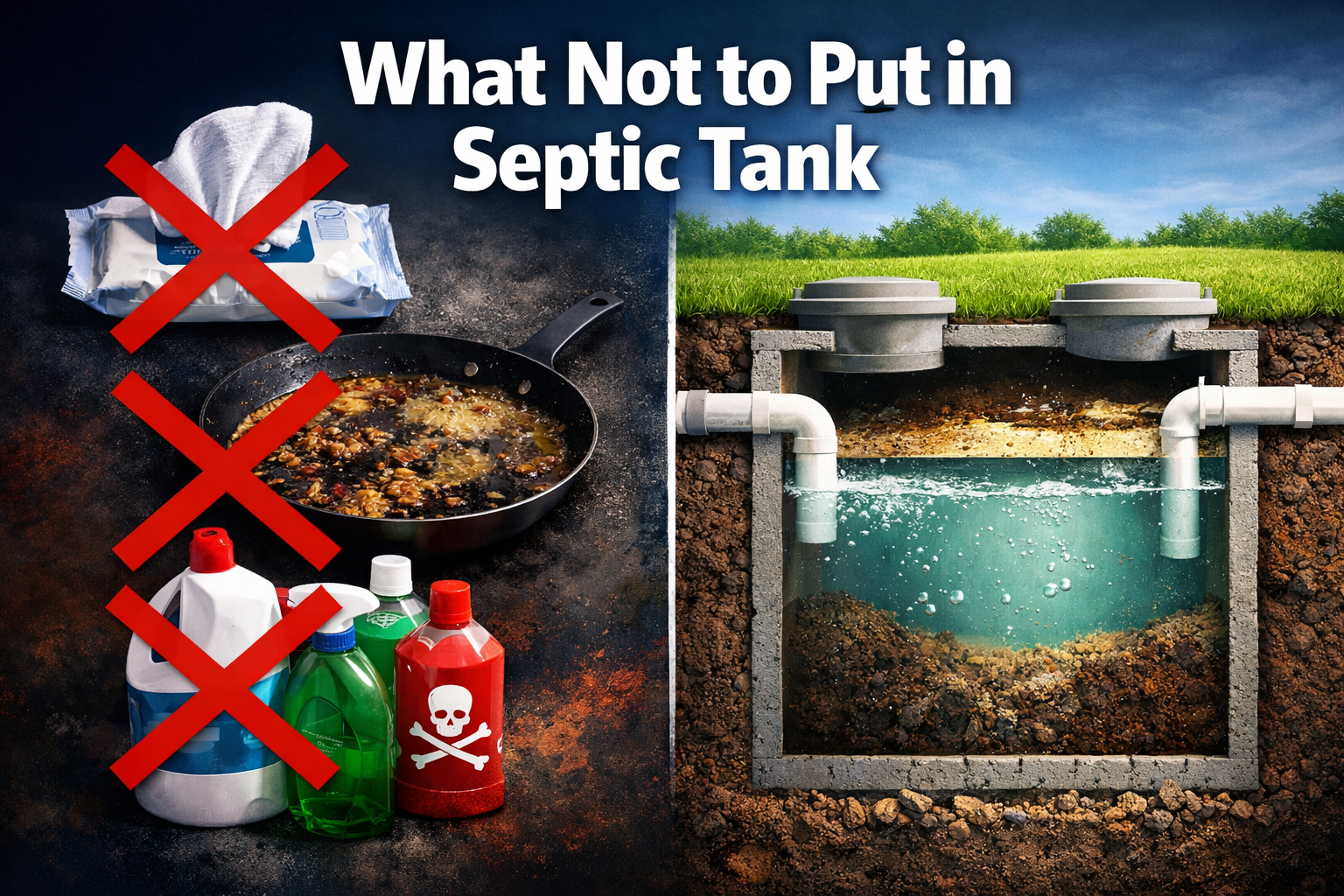 Professional landscape format (1536x1024) hero image featuring bold text overlay 'What Not to Put in Septic Tank' in extra large 72pt white 