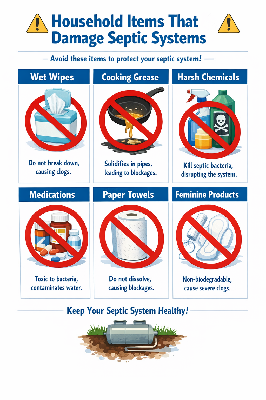 Portrait format (1024x1536) infographic showing 'Household Items That Damage Septic Systems' with grid layout of 6 common items: wet wipes, 