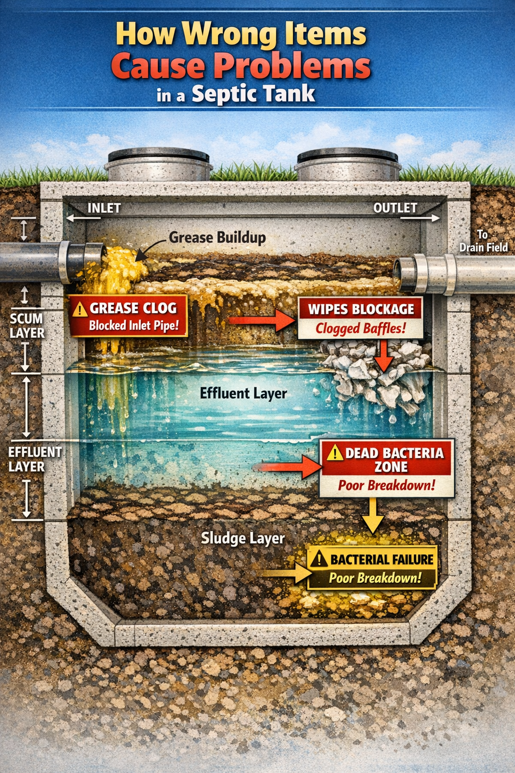 Portrait format (1024x1536) detailed cross-section illustration of septic tank showing 'How Wrong Items Cause Problems' with cutaway view re