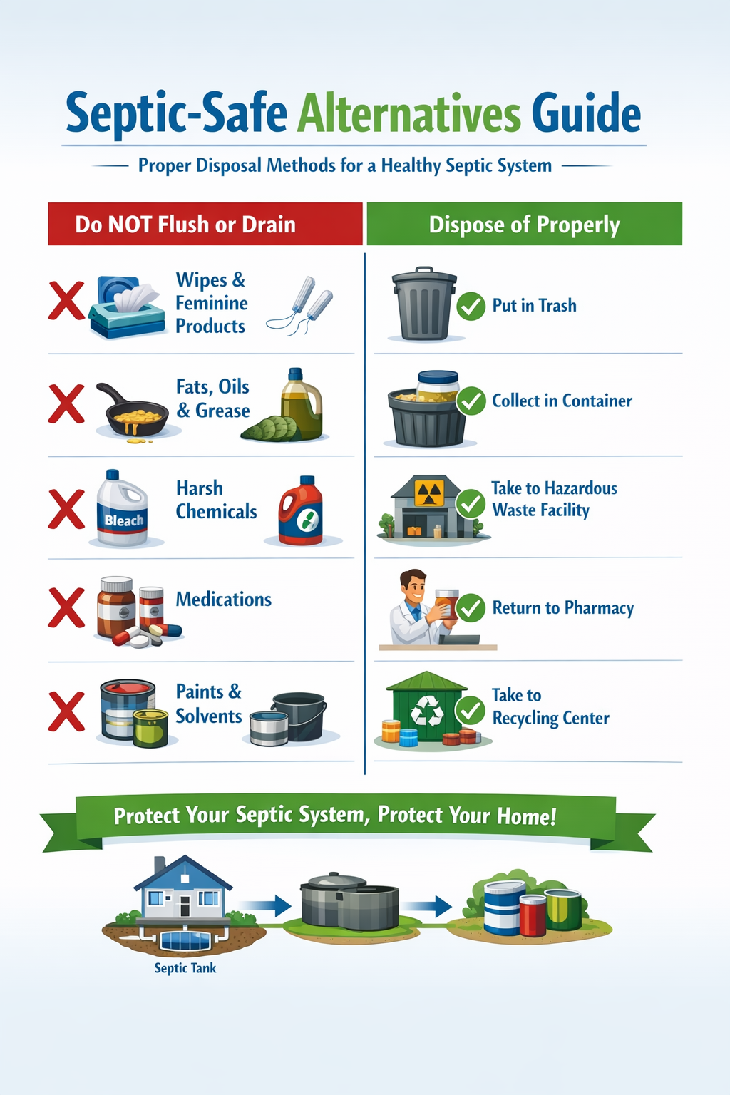 Portrait format (1024x1536) 'Septic-Safe Alternatives Guide' comparison chart showing proper disposal methods. Left column displays prohibit
