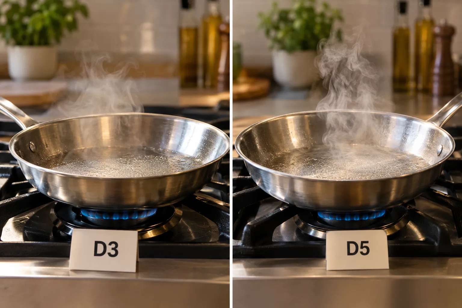 Split screen documentary style photograph, landscape 1536x1024, of two identical stainless steel skillets on a gas stove burner side by side under bright kitchen lighting, one labelled with a small card 'D3' and the other 'D5', steam rising slightly differently from each surface, shallow depth of field, warm editorial food photography tone, no text overlays besides the two small labels. My Bottom Line on Cooking Performance