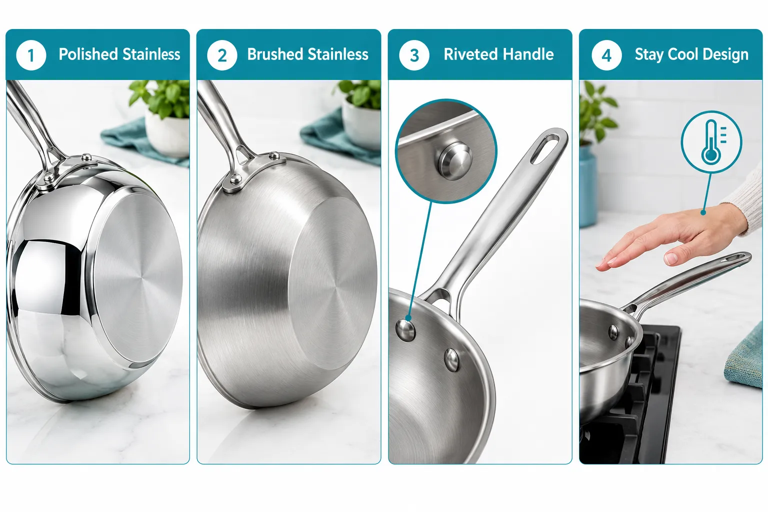 Four panel labelled comparison guide, landscape 1536x1024, on a bright white background: panel one 'Polished Stainless' showing a shiny mirror finish pan exterior, panel two 'Brushed Stainless' showing a matte satin finish pan exterior, panel three 'Riveted Handle' with a close up callout line to stainless rivets, panel four 'Stay Cool Design' showing a hand near a handle with a small thermometer icon callout. Editorial kitchen guide polish, teal and steel palette, short labels only. Product Options: All Clad D5 Collection
