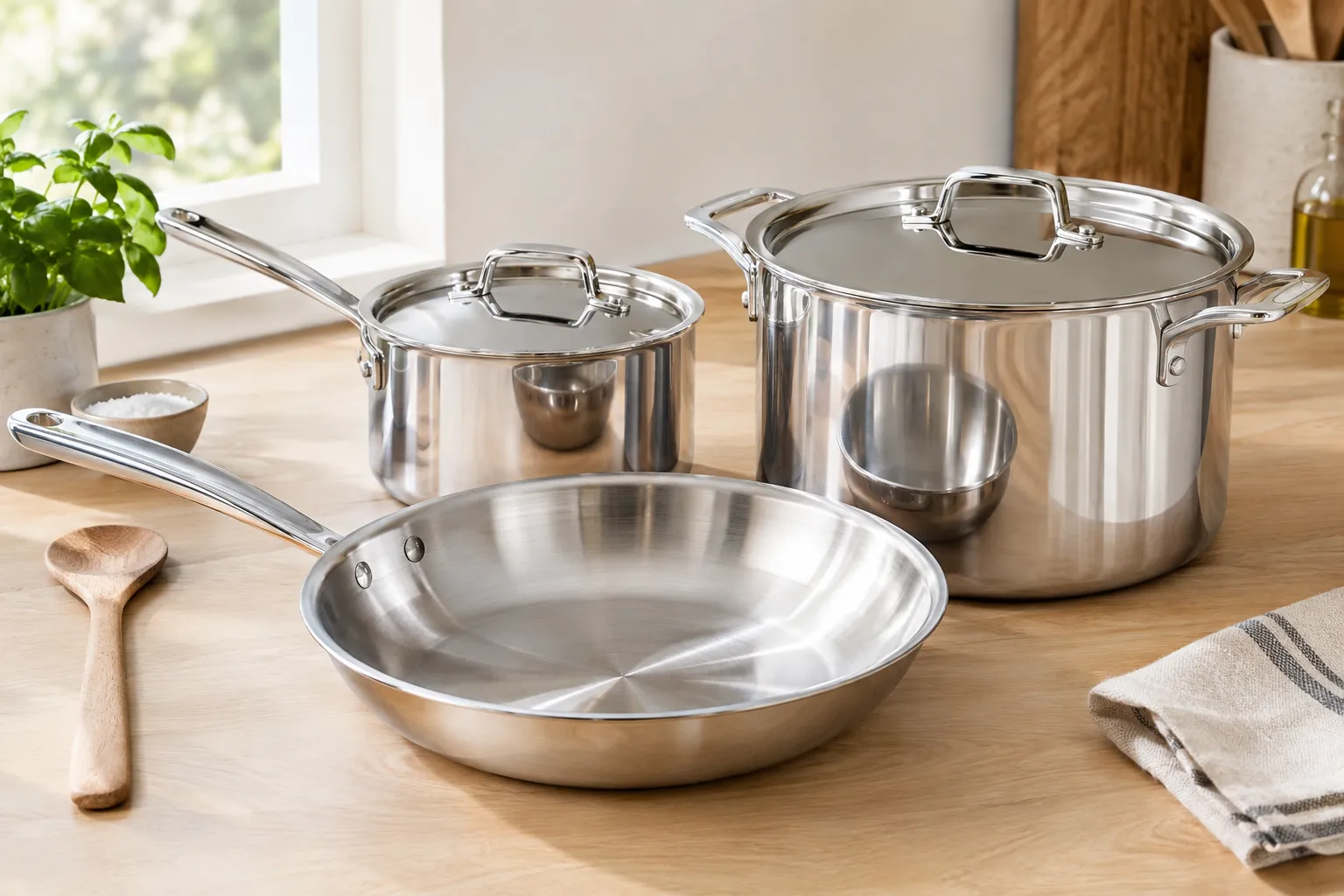 Bright studio flat lay photograph, landscape 1536x1024, of an All Clad style cookware collection: a 12 inch fry pan, a saucepan, and a stock pot made of polished stainless steel arranged in a fanned composition on a light wood countertop, natural daylight from a window, small neutral kitchen props like a wooden spoon and folded linen towel nearby, no text, no price tags, clean commercial product photography style. Does All Clad D3 Work on Induction Cooktops?