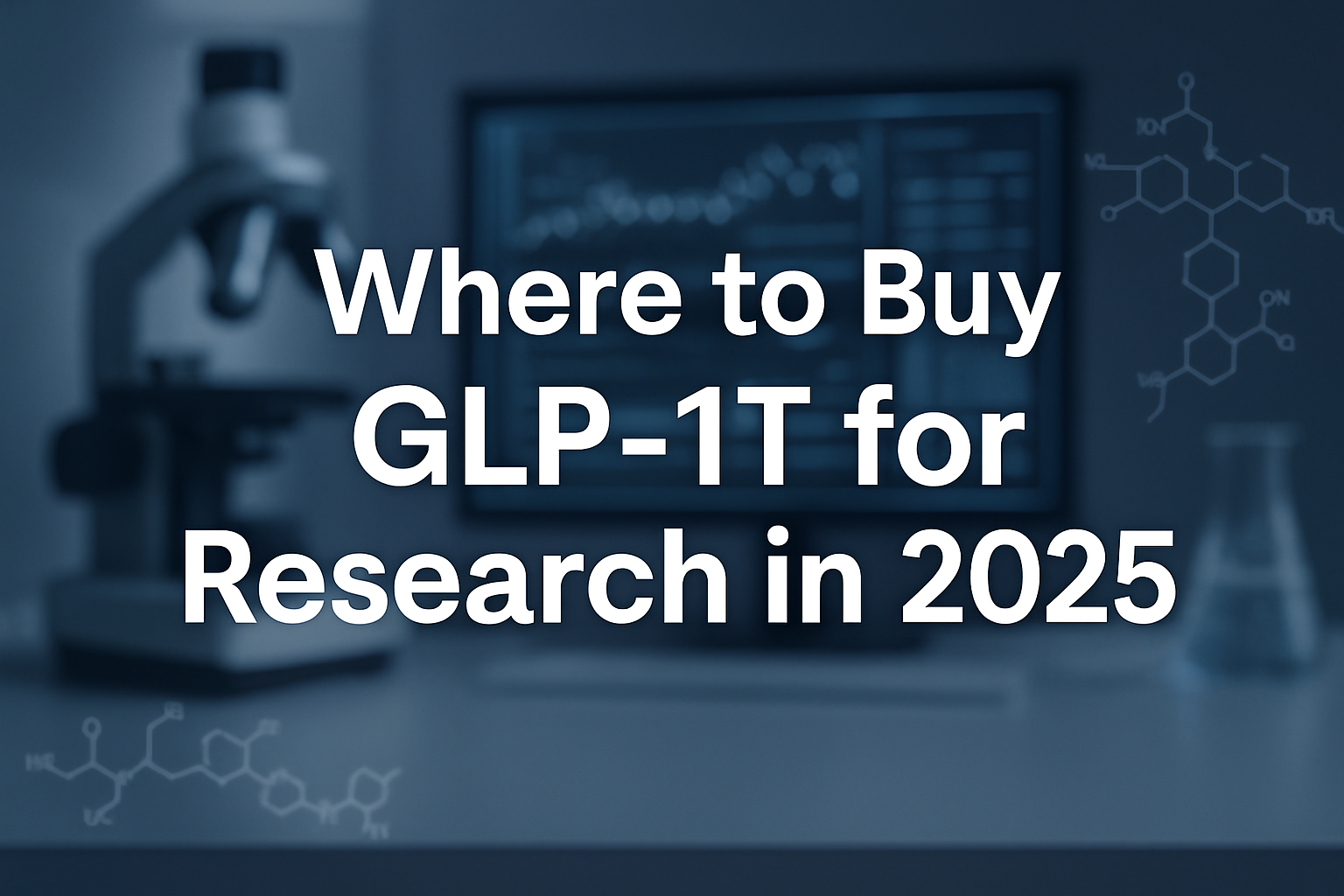 Professional landscape hero image (1536x1024) with bold text overlay: 'Where to Buy GLP-1T for Research in 2025', modern sans-serif 70pt whi
