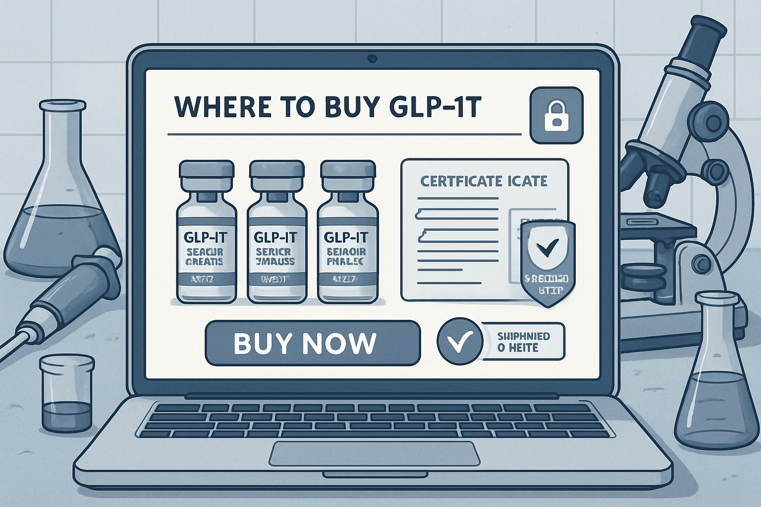 A detailed illustration showing a secure online shopping cart interface on a clean, modern laptop screen, displaying peptide vials labeled '