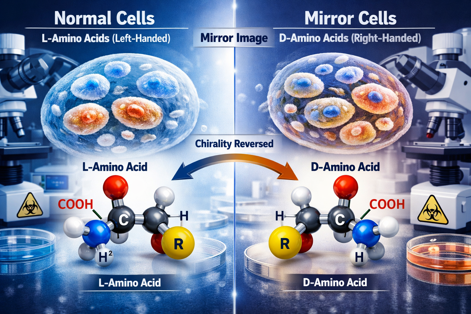 Detailed landscape format (1536x1024) image showing close-up split view of normal biological cells versus mirror cells with reversed molecul
