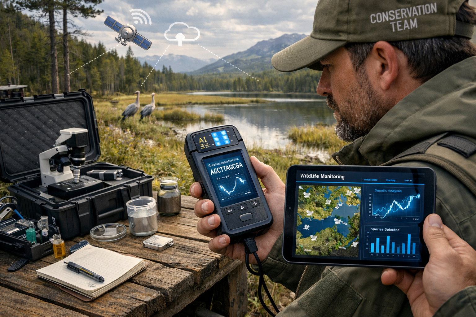 Detailed landscape format (1536x1024) image depicting field ecologist in conservation uniform using TinyML biodiversity monitoring device in