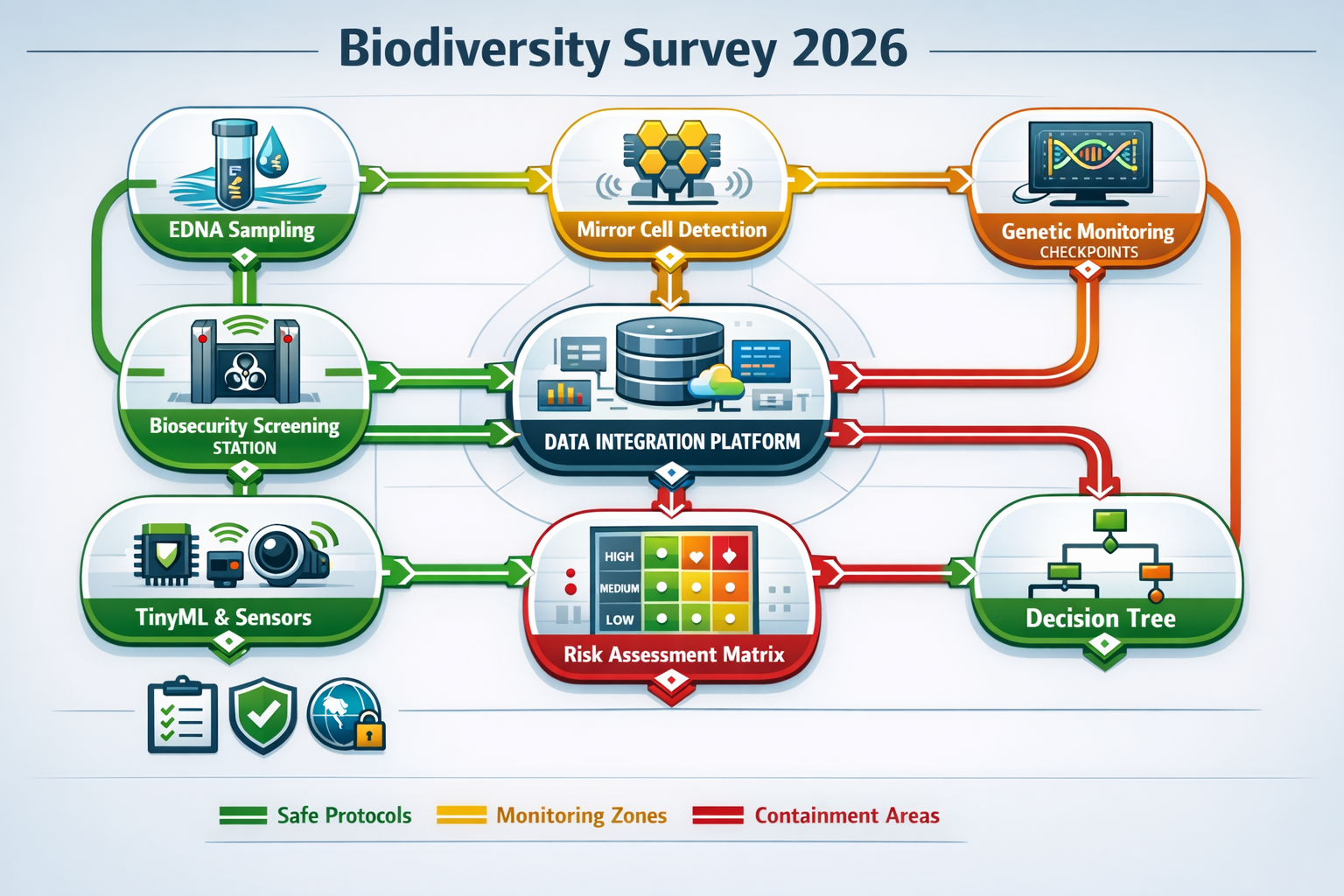 Detailed landscape format (1536x1024) conceptual illustration showing biodiversity survey methodology workflow for 2026, flowchart design wi