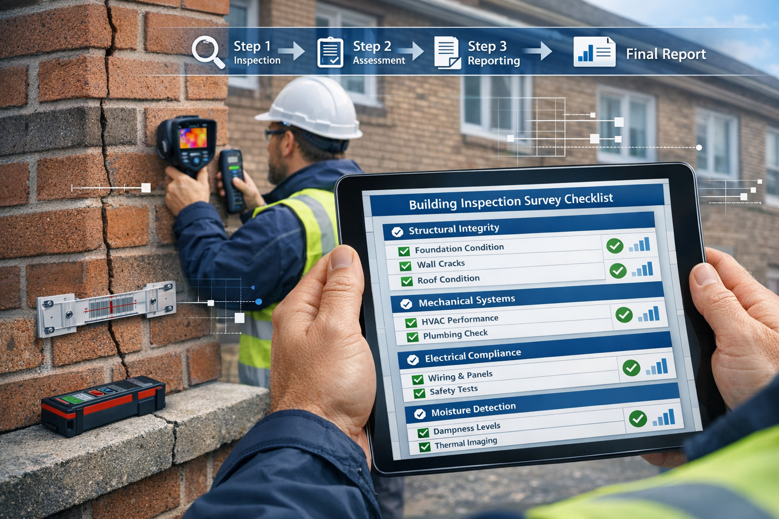 Detailed () image showing professional surveyor conducting comprehensive building inspection of multi-unit residential