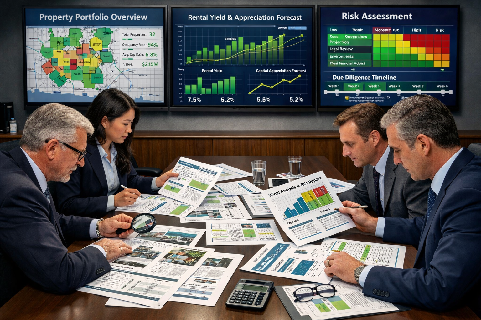 Detailed () image depicting modern office boardroom setting with institutional investors reviewing large-scale property